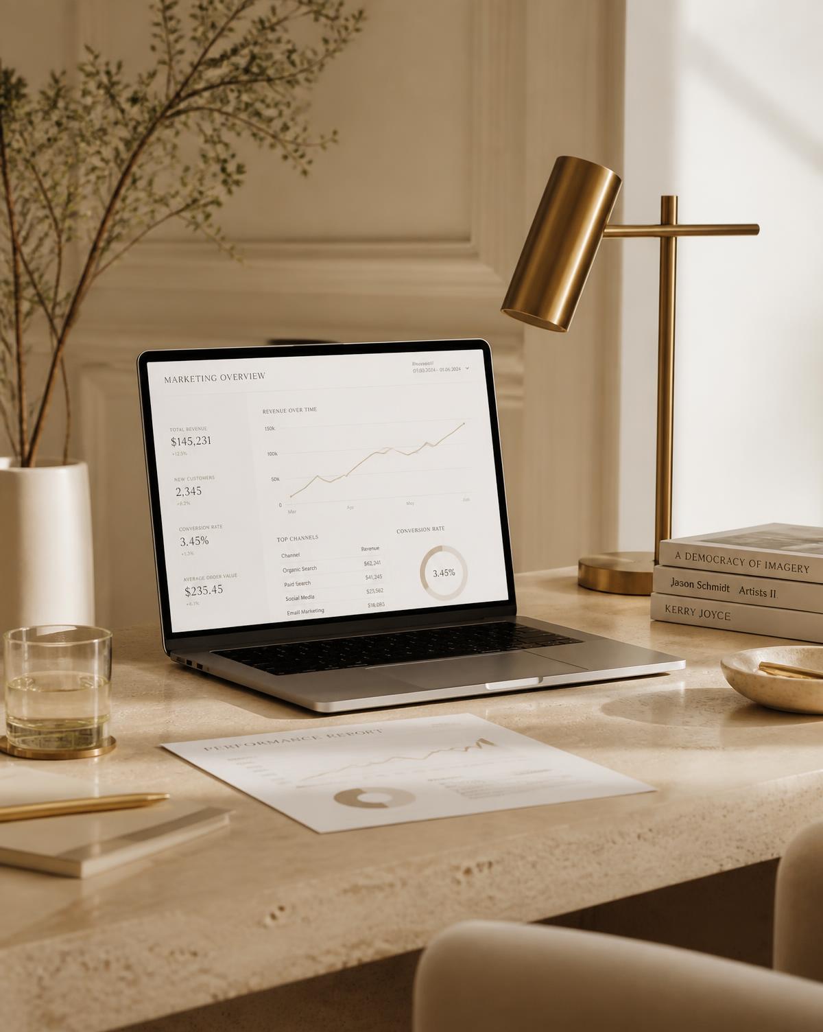 Minimal ivory workspace with a laptop showing a marketing performance dashboard